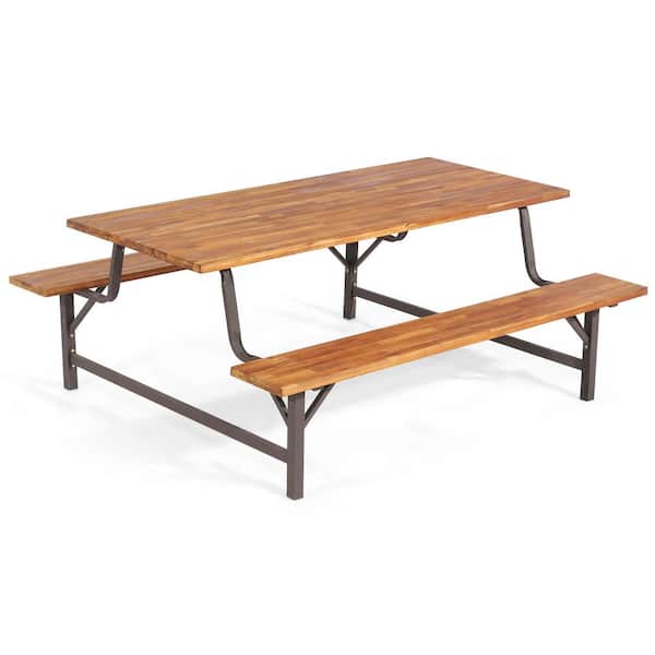 Costway Acacia Wood Outdoor Picnic Table Bench Set with 71 in. Tabletop 2 in. Umbrella Hole