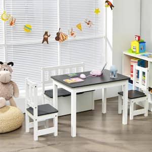 4PCS Rectangle Kids Wood Top Gray Activity Table and Chairs Set with Storage Bench Study Desk