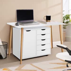 White, 5 Drawer Wood Storage Dresser Cabinet with Shelves, Wheels, Craft Storage, Makeup Drawer File Cabinet,