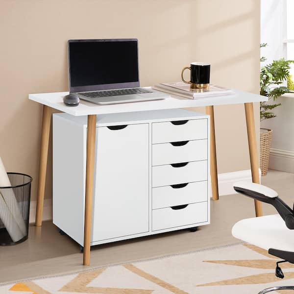 HOMESTOCK White, 5 Drawer Wood Storage Dresser Cabinet with Shelves, Wheels, Craft Storage, Makeup Drawer File Cabinet,