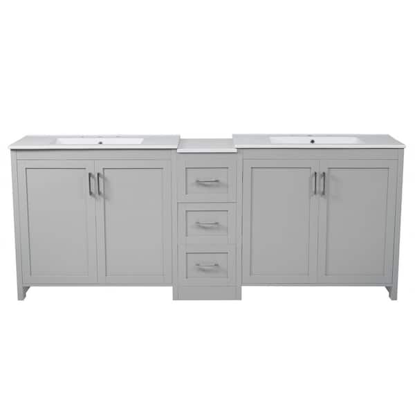 84 in. Freestanding Gray Bath Vanity with White Ceramic Top Unassembled
