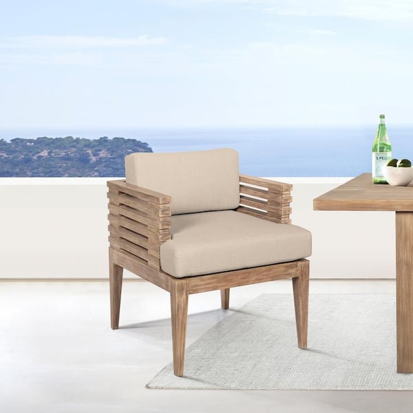 Armen Living Vivid Light Brown Eucalyptus Wood Outdoor Dining Chair with Taupe Cushion