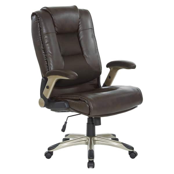 Office Star Products Bonded Leather with Coated Nylon Base Ergonomic Executive Chair in Espresso and Cocoa Coated Flip Arms