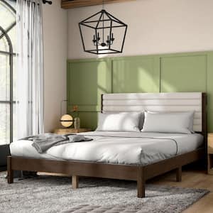 Adin Dark Walnut Wood Frame Queen Platform Bed with Boucle Upholstery