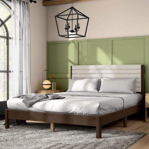 Furniture of America Adin Dark Walnut Wood Frame Queen Platform Bed with Boucle Upholstery