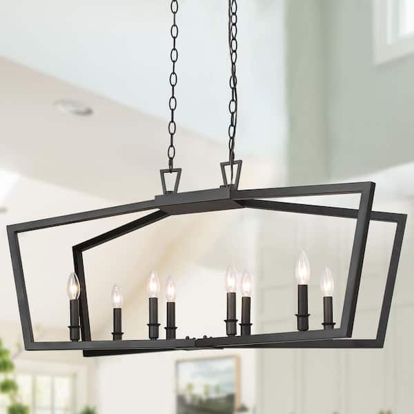 Modern Matte Black Candlestick Chandelier, 37 in. 8-Light Farmhouse Island Dining Room Cage Chandelier
