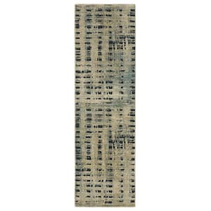 Ross Beige/Blue 2 ft. x 8 ft. Distressed Abstract Etchings Polypropylene/Polyester Fringed Indoor Runner Area Rug