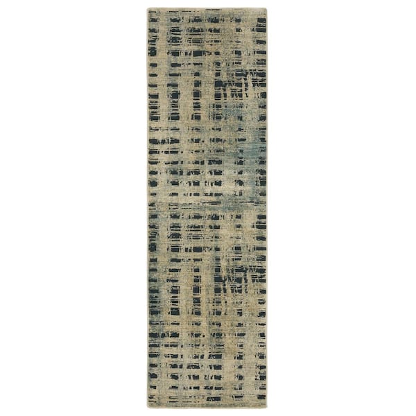 AVERLEY HOME Ross Beige/Blue 2 ft. x 8 ft. Distressed Abstract Etchings Polypropylene/Polyester Fringed Indoor Runner Area Rug