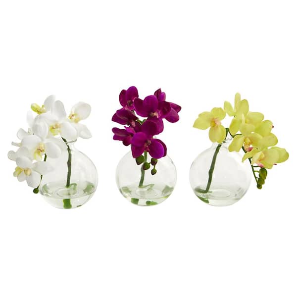 Nearly Natural 9 in. Phalaenopsis Orchid Artificial Arrangement in Vase (Set of 3)