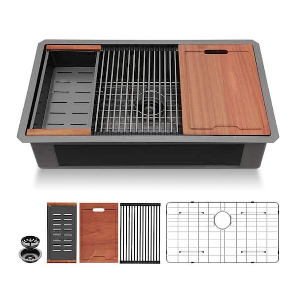 33 x 19 in. Gunmetal Black Undermount Single Bowl Stainless Steel Workstation Kitchen Sink