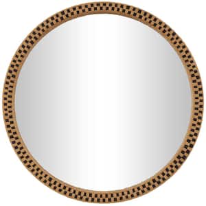 32 in. x 32 in. Handmade Woven Checkered Round Framed Brown Wall Mirror