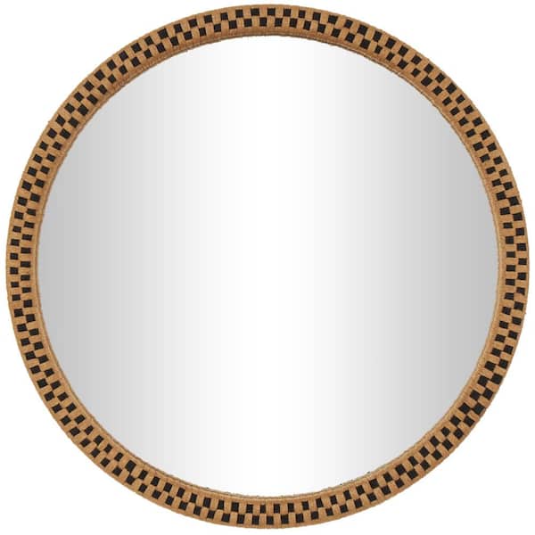 Litton Lane 32 in. x 32 in. Handmade Woven Checkered Round Framed Brown Wall Mirror