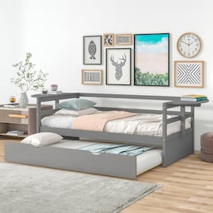 Gray Twin Size Wood Daybed with Trundle and 2-Foldable Shelves