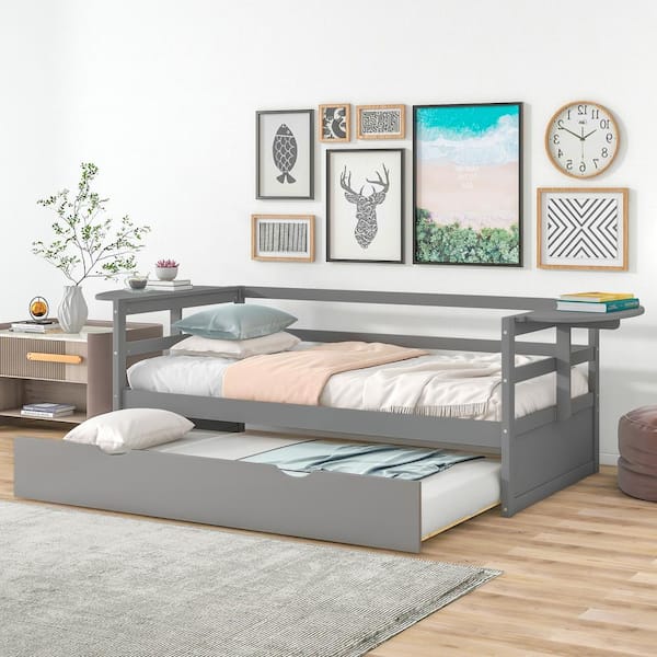 Harper & Bright Designs Gray Twin Size Wood Daybed with Trundle and 2-Foldable Shelves