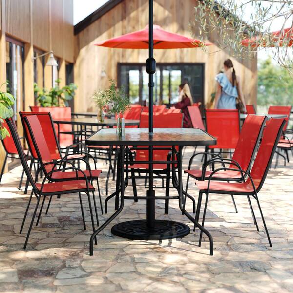 black patio set with a red umbrella MFSTUDIO Dining for 4, Patio Furniture Set w/Umbrella( Red) round use though care should be taken to protect from prolonged periods of wet weather NUU GARDEN 7 Piece Outdoor