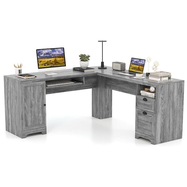 Costway Gray Wood L-Shaped 66 in. Corner Computer Desk Writing Table Study Workstation with Drawers Storage