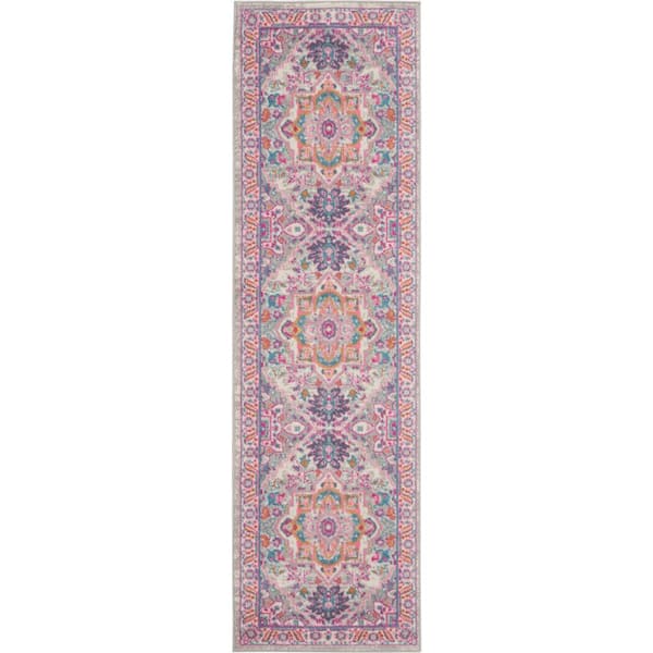 Nourison Passion Light Grey/Pink 2 ft. x 6 ft. Persian Medallion Transitional Kitchen Runner Area Rug