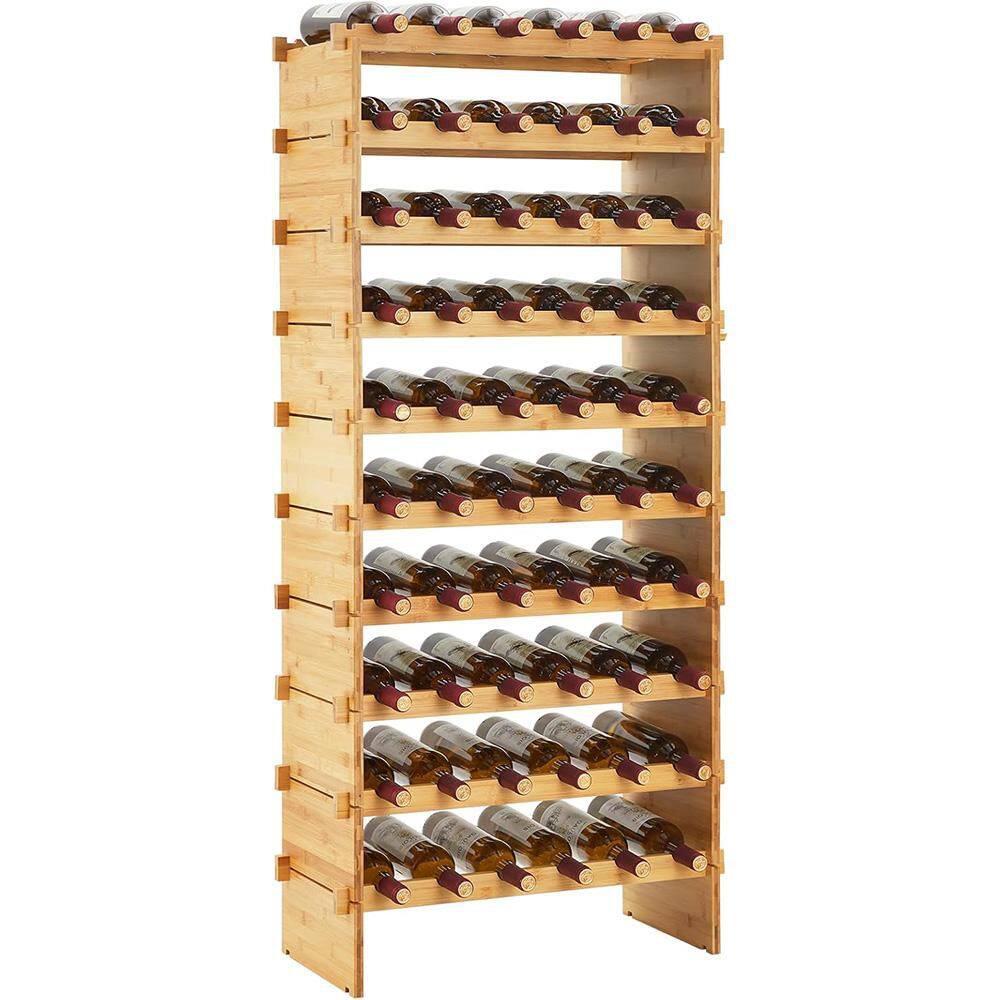 60 Bottles Stackable Modular Wine Rack, 10 Tier Wooden Wine Storage Rack, Bamboo Wine Display Shelves