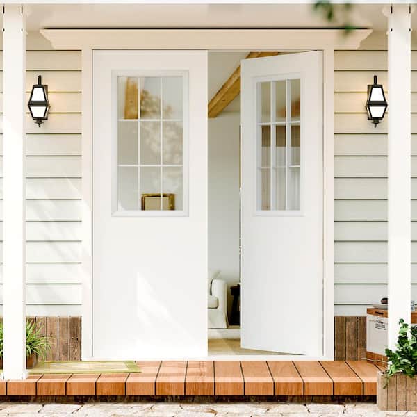 64 in. x 80 in. 9 Lite, Universal, Clear Glass, White Primed Wood Front Door Slab