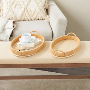 Brown Handmade Wood Decorative Tray with Wood Base (Set of 2)