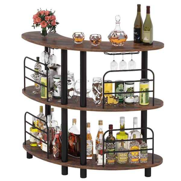 Tribesigns Bryan 47 in. Vintage Brown Wood Bar Unit for Liquor, 3-Tier Bar Cabinet with Storage Shelves for Home/Kitchen/Bar/Pub