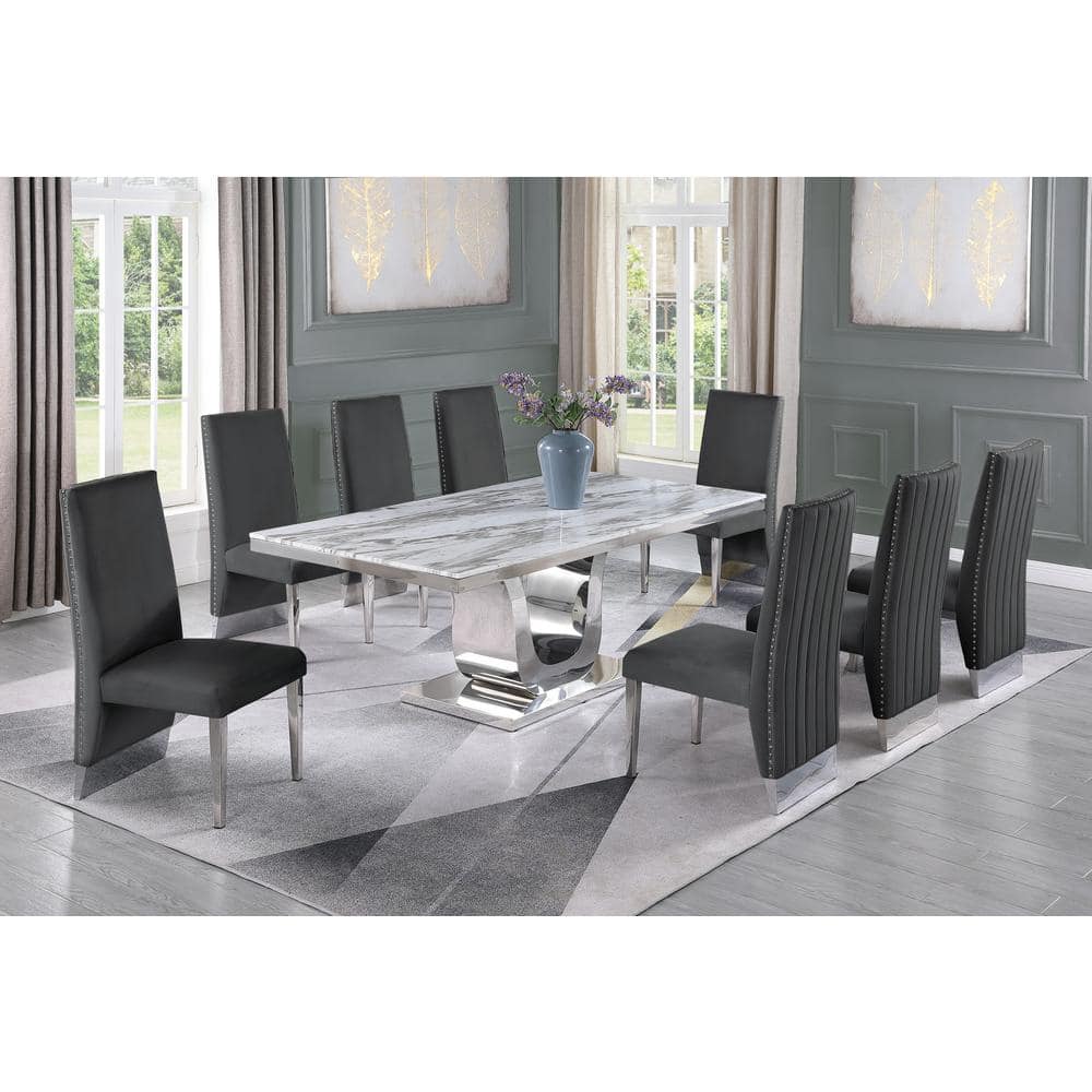 Silver Stainless Steel 9 Piece Dining Set with Marble Table and Dark Gray Velvet Chairs