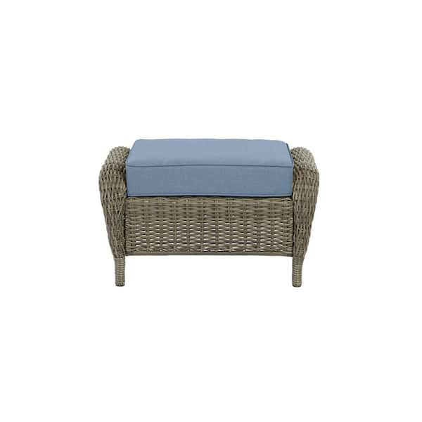 Hampton Bay Cambridge Gray Wicker Outdoor Patio Ottoman with Sunbrella