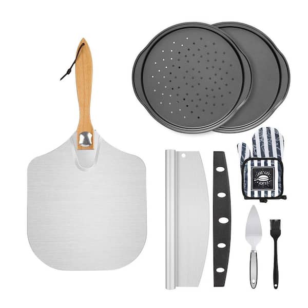 Black Pizza Peel Pan Set, 7-Piece Pizza Oven Accessories with 12-Inch Metal Paddle, 2 Pans, Cutter, Server, Mitts, Brush