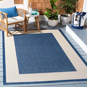 Courtyard Navy/Beige Doormat 3 ft. x 5 ft. Border Solid Indoor/Outdoor Patio Area Rug