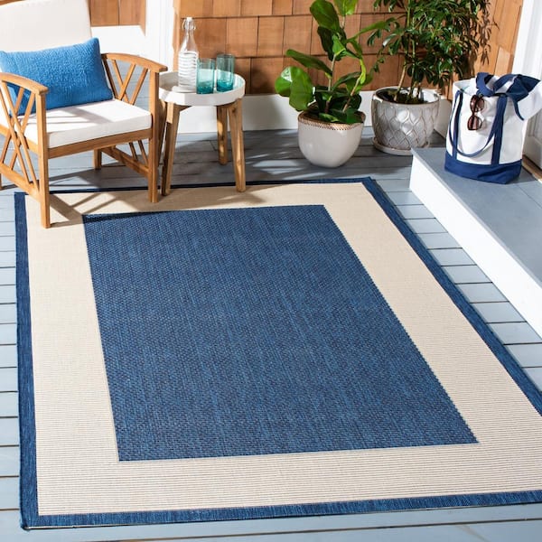 Courtyard Navy/Beige Doormat 3 ft. x 5 ft. Border Solid Indoor/Outdoor Patio Area Rug