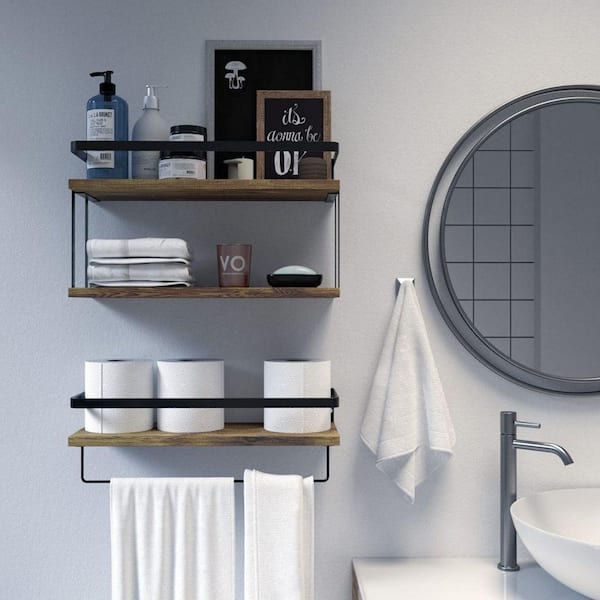 Dracelo 16.5 in. W x 5.9 in. D x 2.75 in. H Gray Bathroom Wall Mounted Floating Shelves with Towel Bar