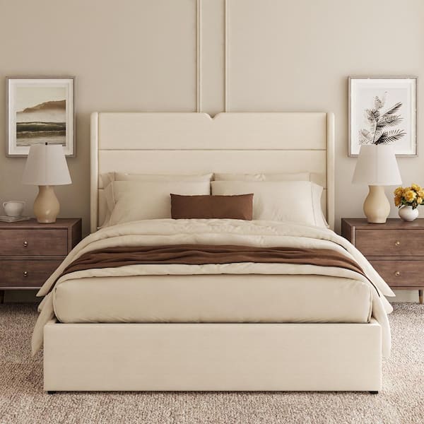 JAYDEN CREATION Roy Beige 68 in. W MDF and Iron Frame Lift Up Storage Upholstered Platform Queen Bed