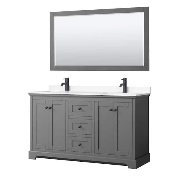 Wyndham Collection Avery 60 in. W x 22 in. D x 35 in. H Double Bath Vanity in Dark Gray with White Cultured Marble Top and 58 in. Mirror