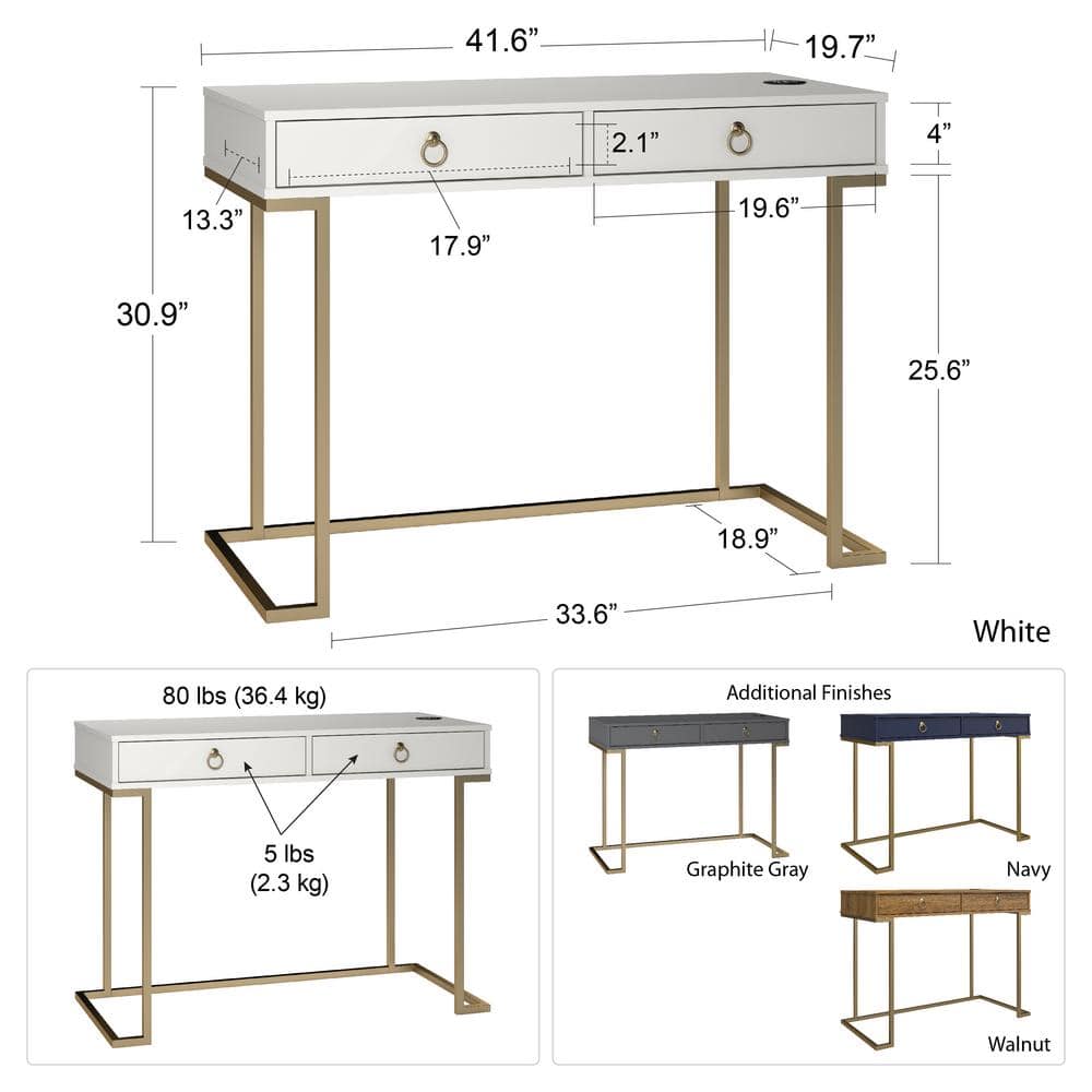 Camila White 44" Modern Writing Desk with Gold Accents & Wireless Charging