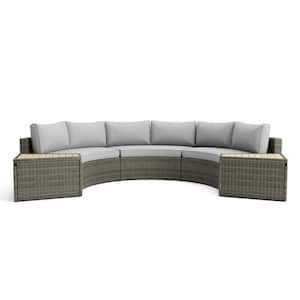 Barbuda 5-Piece Steel/Teak Wood Modular Outdoor Sectional Set With Gray Cushions and Storage Tables