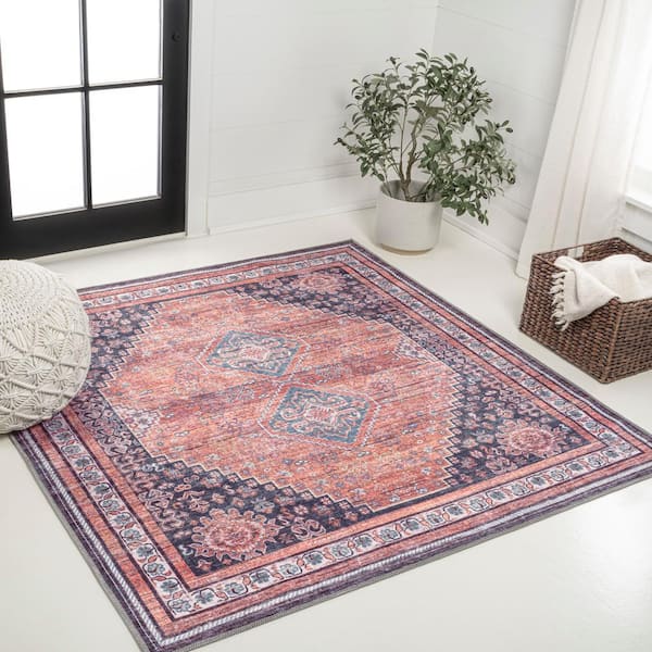 Dalyan Geometric Terracotta/Navy 6 ft. Medallions Machine-Washable Square Area Rug