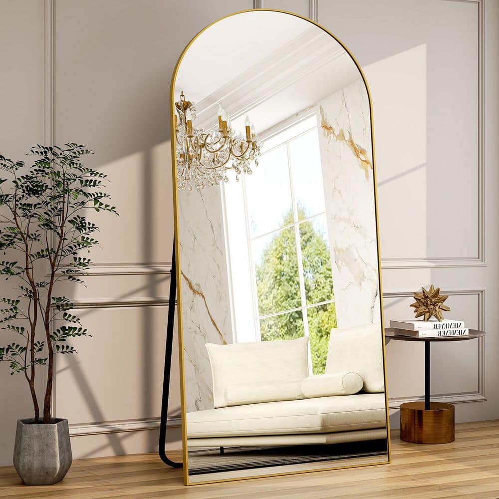 XRAMFY Morden Gold 34 in. W x 76 in. H Arched Aluminum Alloy Frame Full Length Standing Mirror FMN20AC3475GD
