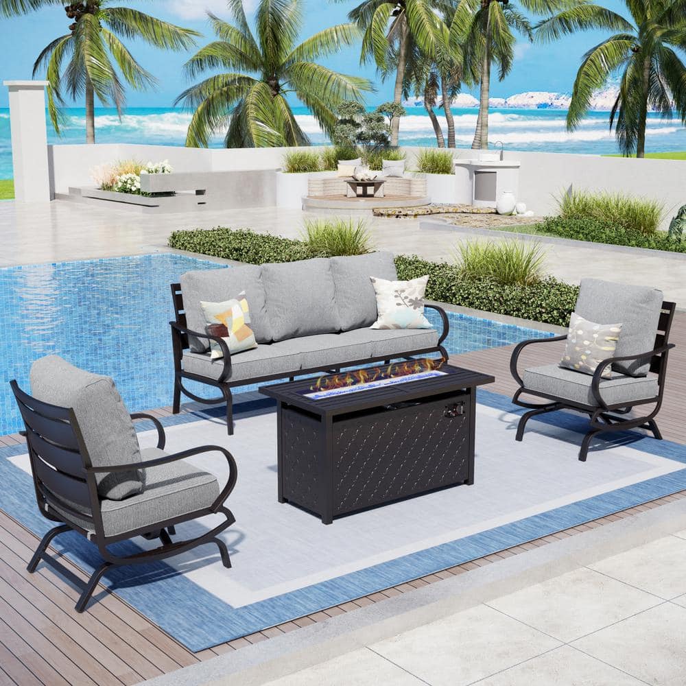 5 Seat 4-Piece Metal Outdoor Patio Conversation Set with Gray Cushions, Rocking Chairs, Rectangular Fire Pit Table -  PHI VILLA, DF4-GF1444507GR