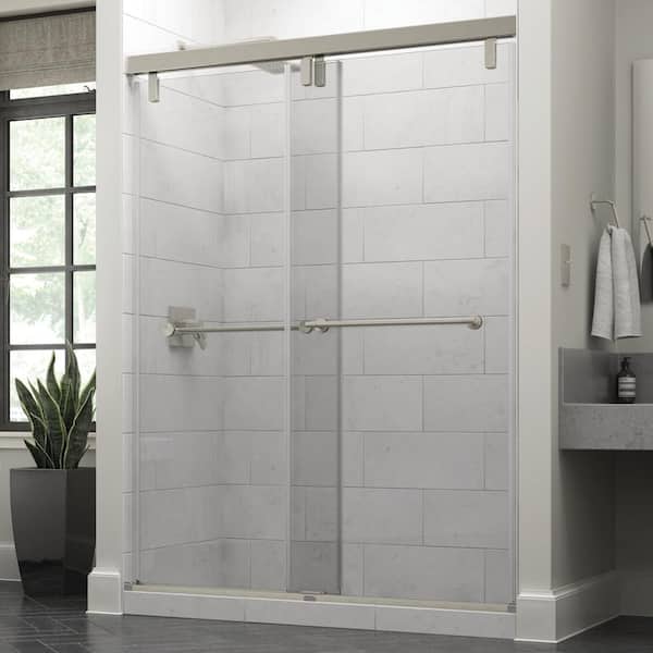 Delta Crestfield Mod 50-1/8 to 58-1/2 in. W x 71-1/2 in. H Soft-Close Frameless Sliding Shower Door, Nickel with Clear Glass
