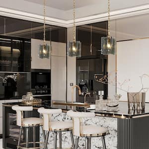 Echonalyri Modern 1-Light Brass Square Pendant Light with Gray Textured Glass Shade for Glam Kitchen Island, Dining Room