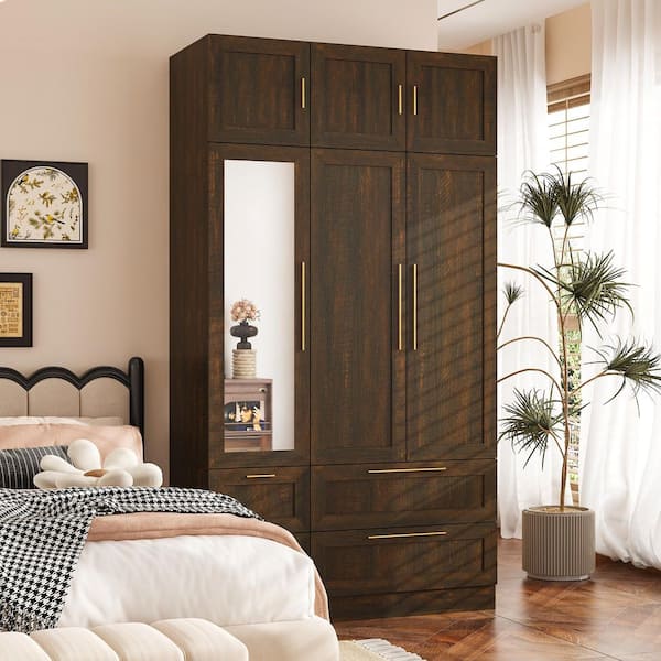 Brown Walnut Wooden 47 in. Armoire, Wardrobe with 4-Drawers, 6-Shelves, 1-Hanging Bar, 1-Mirrored Door & 5-Normal Doors
