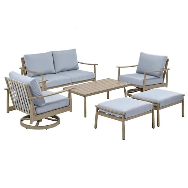 Sunset Retreat 6-Piece Blue Aluminum Patio Conversation Set with 2-Swivel Chairs, Loveseat, 2-Ottomans and Coffee table