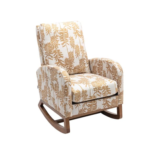 URTR Yellow Leaf Upholstered Rocking Chair, High Back Armchair, Rocker Chair with Side Pocket for Living Room, Nursery
