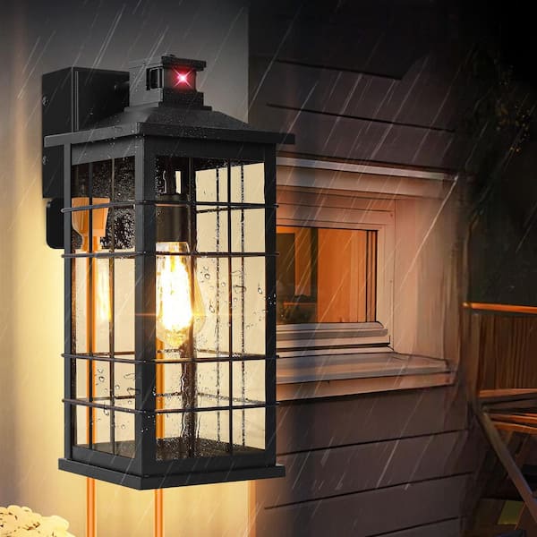 Large Size Motion Sensor Outdoor Light Fixture with GFCI Outlets, Black