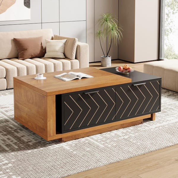BYBLIGHT Kerlin 42.13 in. Natural and Black Modern Extendable Center Table w/ Storage Rectangle Wood Coffee Table for Living Room