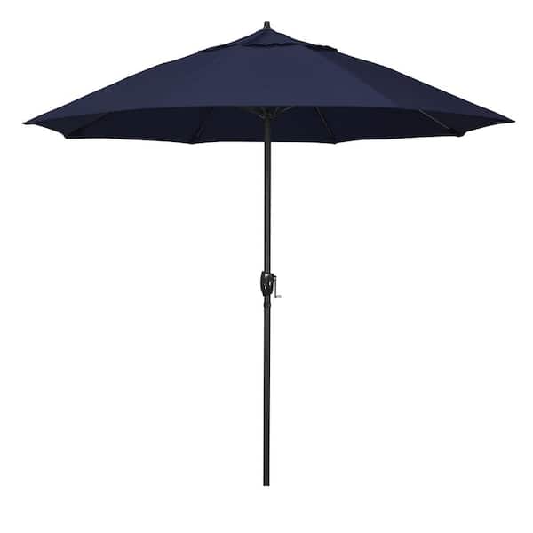 California Umbrella 9 ft. Black Aluminum Market Patio Umbrella Fiberglass Ribs and Auto Tilt in Navy Blue Pacifica