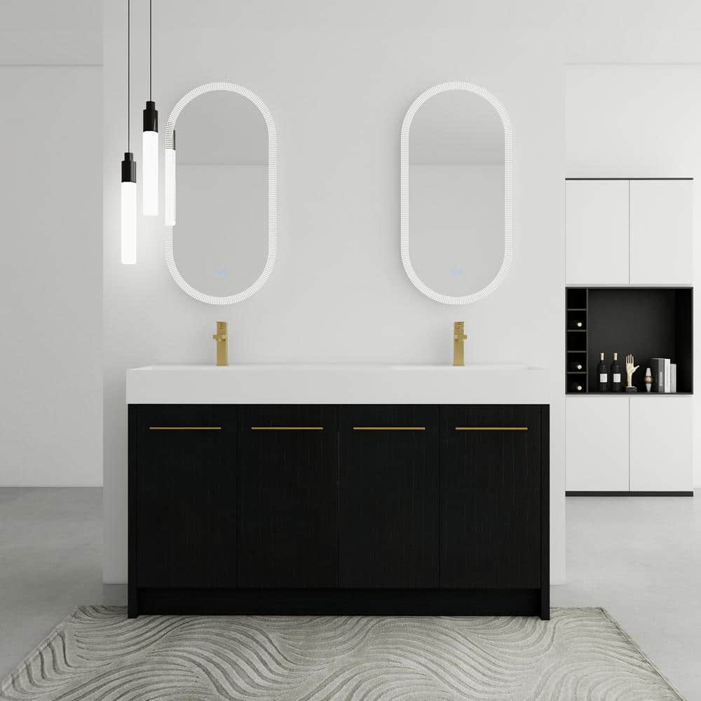 60 in. W Double Sink Freestanding Bath Vanity in Black Chestnut with White 