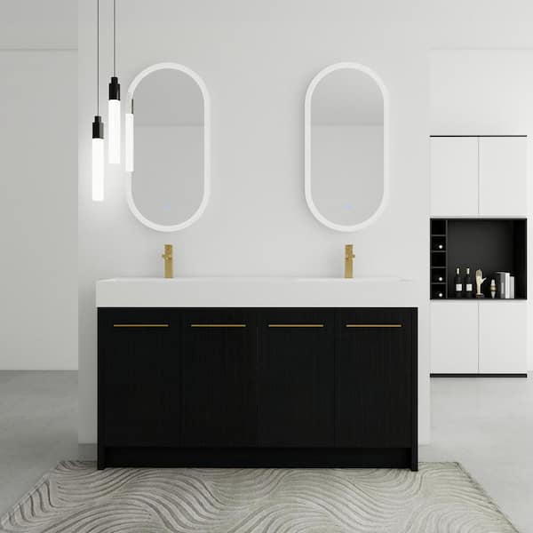 Unbranded 60 in. W Double Sink Freestanding Bath Vanity in Black Chestnut with White Cultured Marble Top