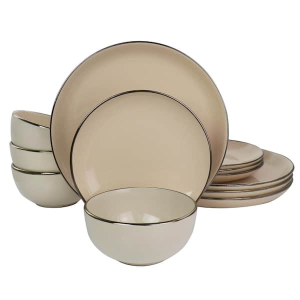 Gibson Home Rockaway Gold 12 Piece Taupe Stoneware Dinnerware Set Service For 4 m The Home Depot