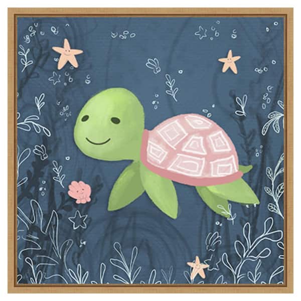 Amanti Art Seahorse and Turtle Blue II by Hartworks 22 in. W x 22 in. H. Canvas Wall Art Print Framed in Brown